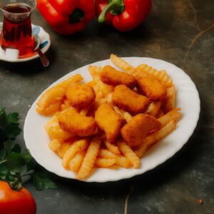 SKRZYDEŁKA LUB NUGGETSY + FRYTKI + SURÓWKI / CHICKEN WINGS OR NUGGETS + CHIPS + SALAD